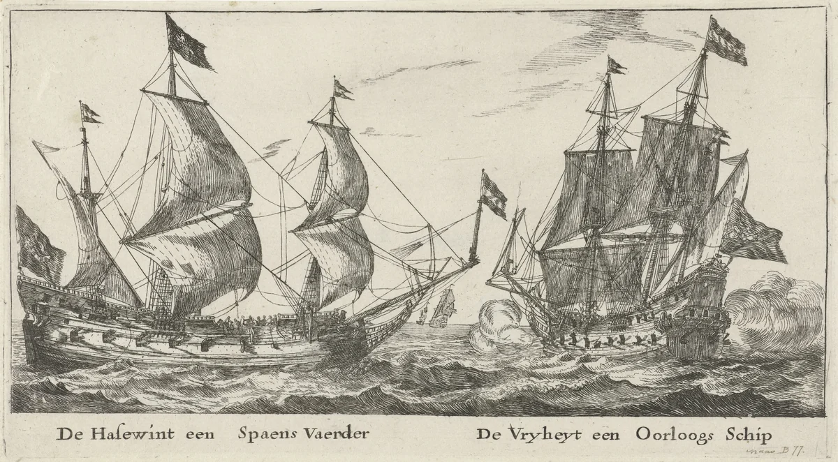 De schepen De Vrijheid en De Hazewind by anonymous, print, 1652-1701