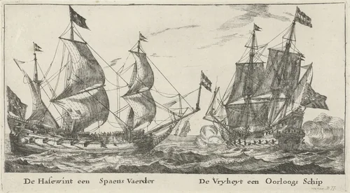 De schepen De Vrijheid en De Hazewind by anonymous, print, 1652-1701