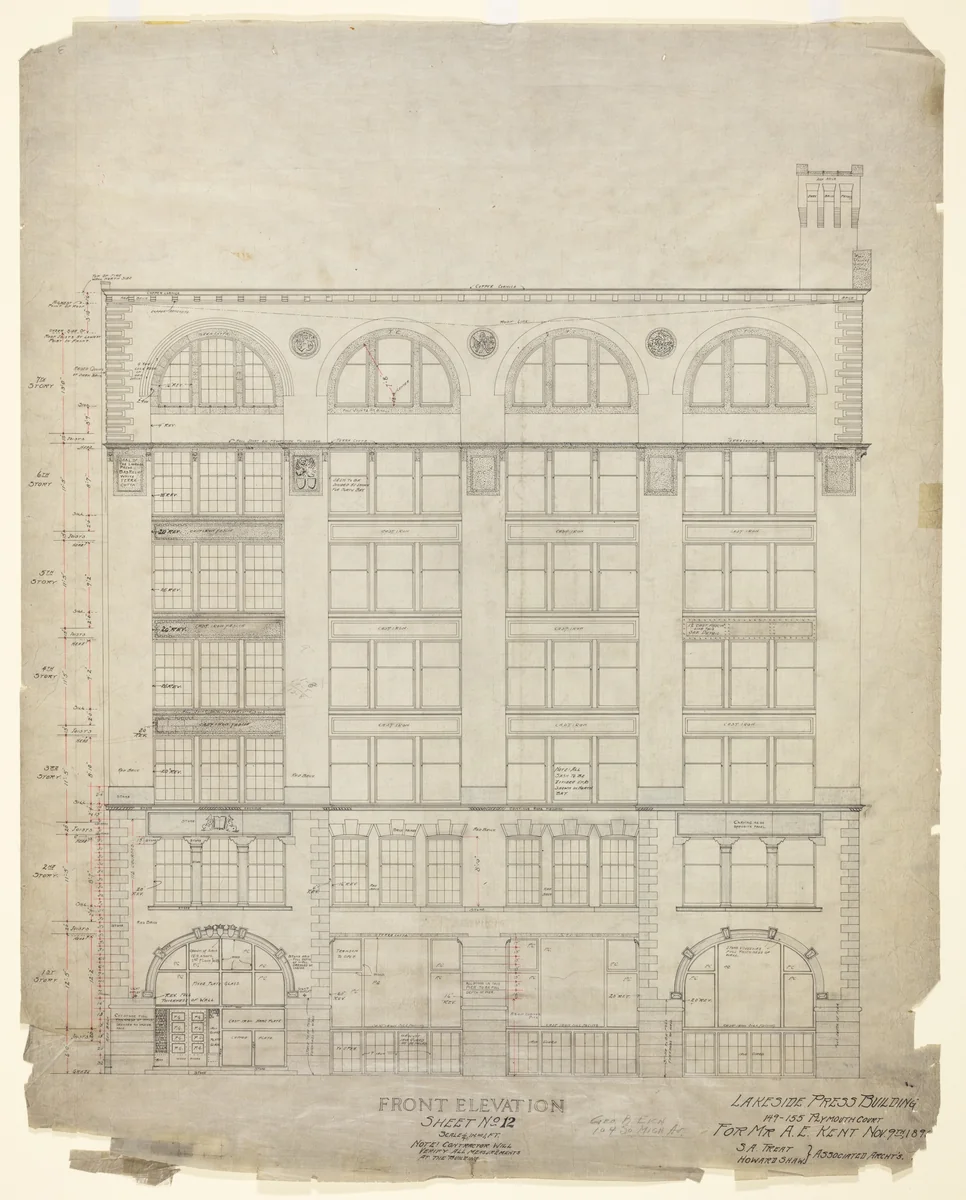 Lakeside Press Building, Chicago, Illinois, Front Elevation by Treat & Shaw Associated Architects, drawing, 1896