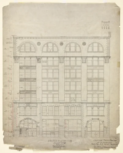 Lakeside Press Building, Chicago, Illinois, Front Elevation by Treat & Shaw Associated Architects, drawing, 1896