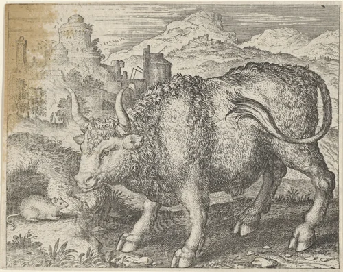 Fabel van de stier en de muis by Aegidius Sadeler, print, 1608