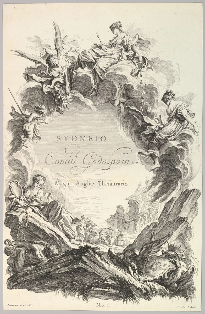 Frontispice pour le "Tombeau du comte Sidney Godolphin" (Frontispiece for the "Tomb of Earl Sidney Godolphin"), from Tombeaux des Princes, des Grands Capitaines et autres Hommes illustres (Tombs of Princes, Great Captains, and other Illustrious Men) by Charles Nicolas Cochin II, print, 1731-1741