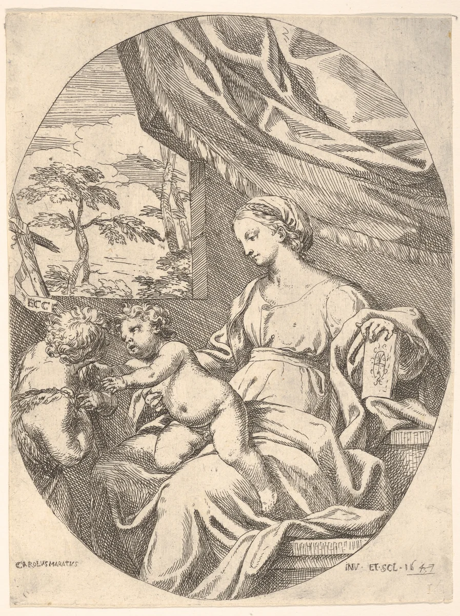 Seated Virgin and Child with Saint John the Baptist by Carlo Maratti, print, 1647