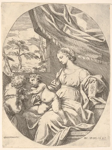 Seated Virgin and Child with Saint John the Baptist by Carlo Maratti, print, 1647