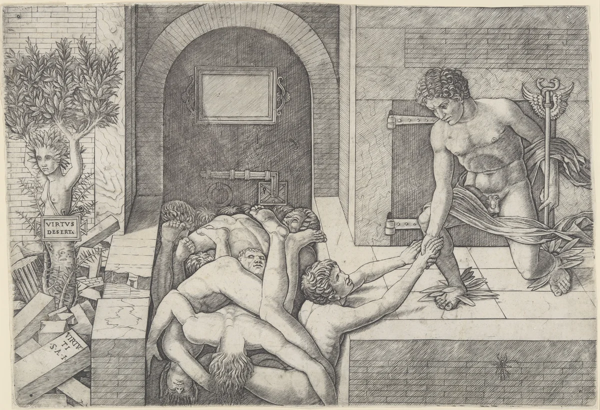 Ignorance and Mercury (an allegory of Virtue and Vice), Mercury kneeling at right holding a staff and taking the hand of a man who emerges from a pile of naked bodies, at left a tree with the torso and head of a woman (Daphne) by Giovanni Antonio da Brescia, print, 1485-1530