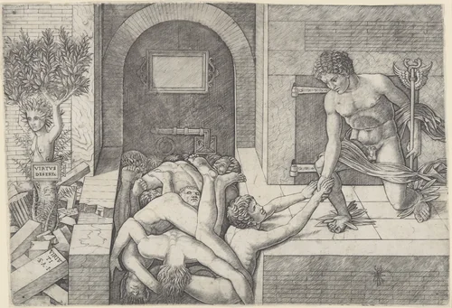 Ignorance and Mercury (an allegory of Virtue and Vice), Mercury kneeling at right holding a staff and taking the hand of a man who emerges from a pile of naked bodies, at left a tree with the torso and head of a woman (Daphne) by Giovanni Antonio da Brescia, print, 1485-1530