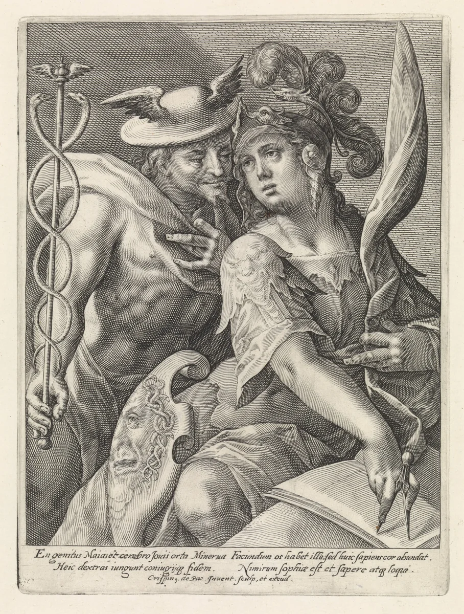 Mercurius en Minerva by Unknown, print, 1589-1611