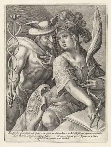Mercurius en Minerva by Unknown, print, 1589-1611