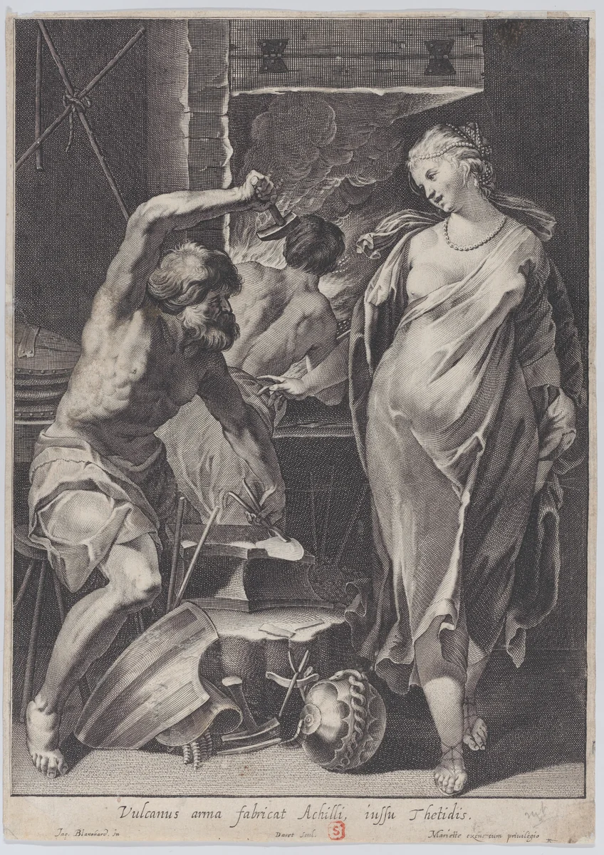 Vulcan forging the armor of Achilles by Pierre Daret, print, 1624-1675