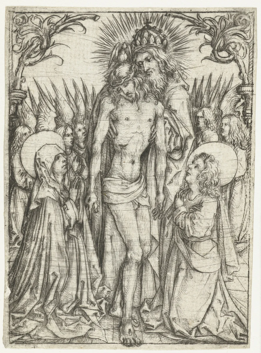 Aanbidding van de Heilige Drieëenheid door Maria, Johannes de Evangelist en engelen by Meester van het Amsterdamse Kabinet, print, 1488-1492