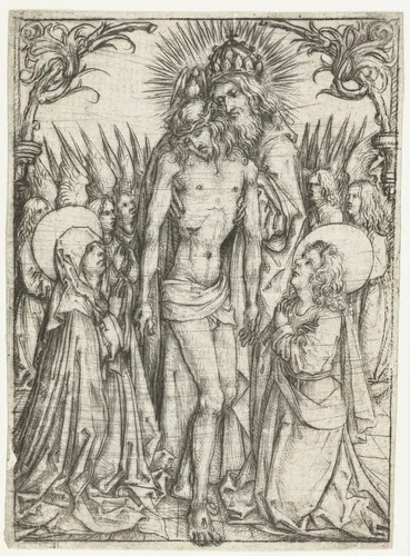 Aanbidding van de Heilige Drieëenheid door Maria, Johannes de Evangelist en engelen by Meester van het Amsterdamse Kabinet, print, 1488-1492