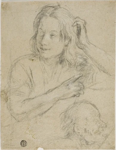 Boy with Hand on His Head and Profile of Old Man by Samuel Drummond, drawing, 1785-1844