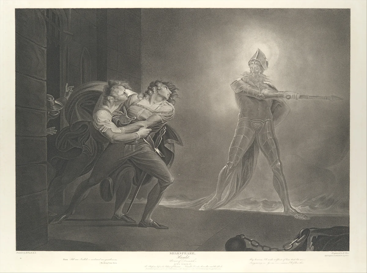 Hamlet, Horatio, Marcellus and the Ghost (Shakespeare, Hamlet, Act 1, Scene 4) by Robert Thew, print, 1796-1852