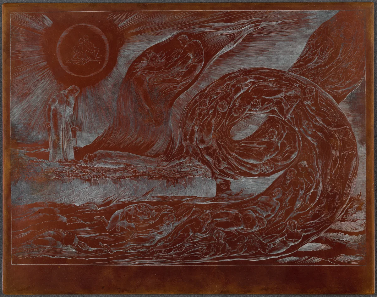 The Circle of the Lustful: Paolo and Francesca by William Blake, technical material, 1827