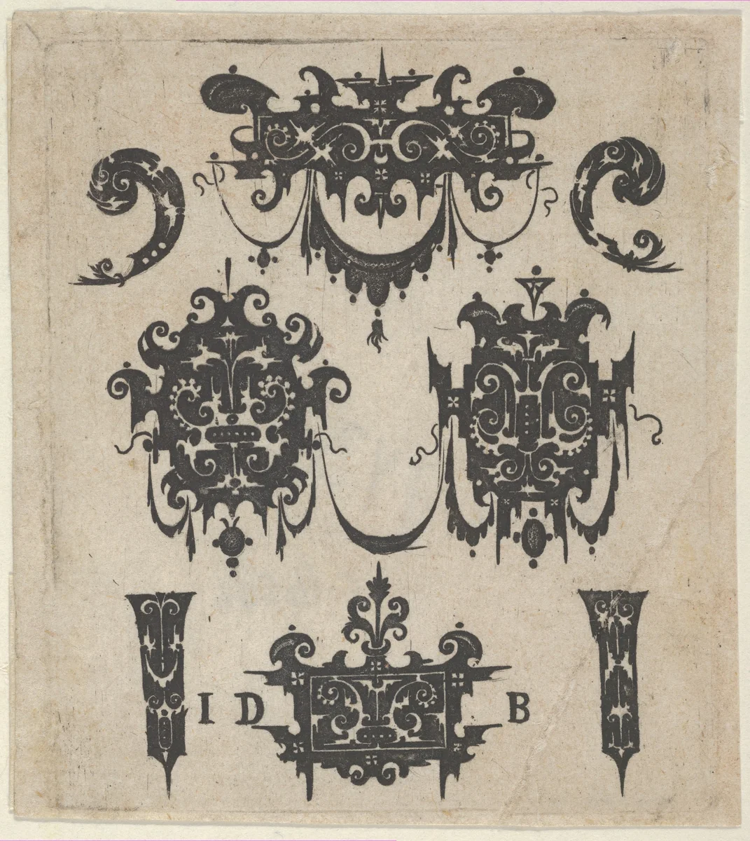Blackwork Print with Four Shweifwerk Motifs Decorated with Swag Combined with Four Small Fillets by Hans de Bull, print, 1592-1604