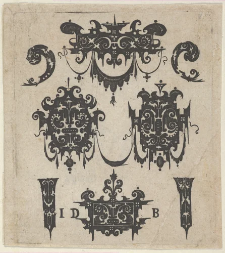 Blackwork Print with Four Shweifwerk Motifs Decorated with Swag Combined with Four Small Fillets by Hans de Bull, print, 1592-1604
