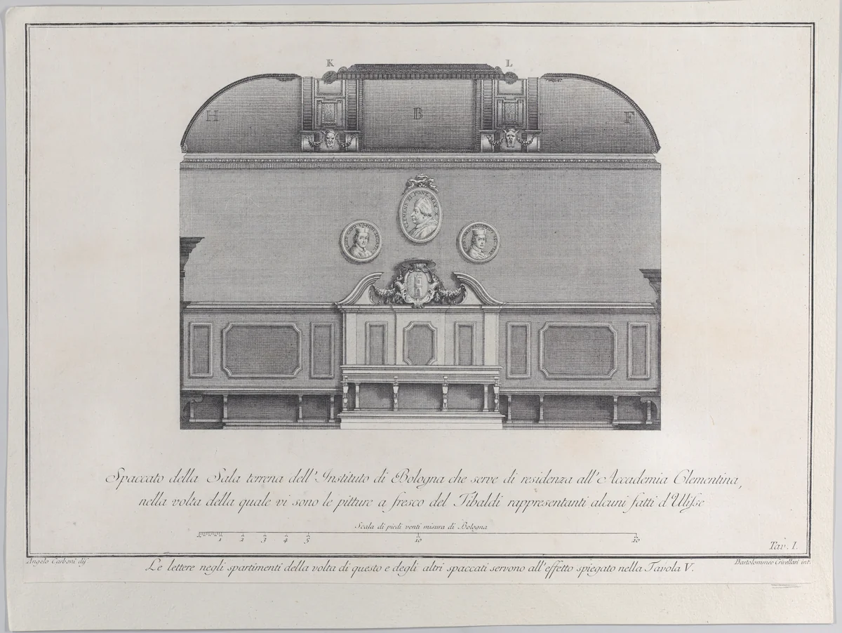 Plate 1: cross-section of the Hall of the Institute of Bologna, which served as the residence for the Clementine Academy, with fresco paintings by Pellegrino Tibaldi in the vault by Bartolomeo Crivellari, print, 1756