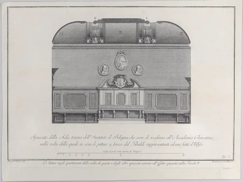 Plate 1: cross-section of the Hall of the Institute of Bologna, which served as the residence for the Clementine Academy, with fresco paintings by Pellegrino Tibaldi in the vault by Bartolomeo Crivellari, print, 1756