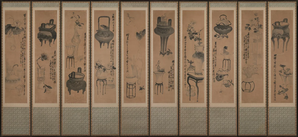 Still life with bronze vessels and flowering plants by Jang Seung-eop, painting, 1894