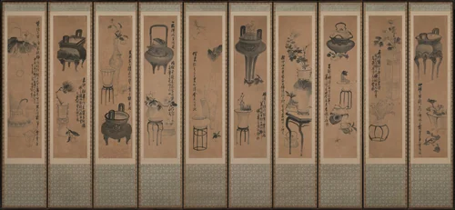 Still life with bronze vessels and flowering plants by Jang Seung-eop, painting, 1894