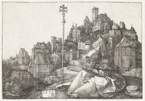 De Heilige Antonius voor een stad by Unknown, print, 1519