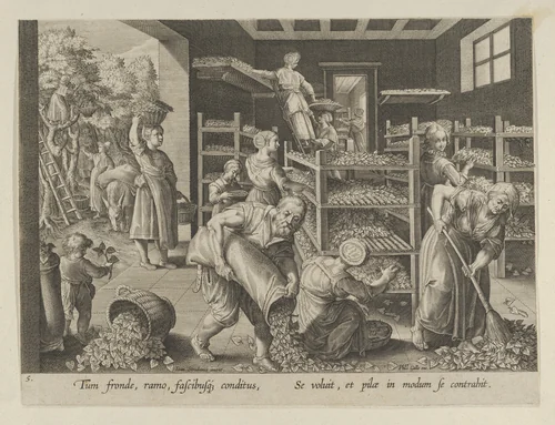 The Gathering of Mulberry Leaves and the Feeding of the Silkworms, Plate 5 from "The Introduction of the Silkworm" [Vermis Sericus] by Karel van Mallery, print, 1595