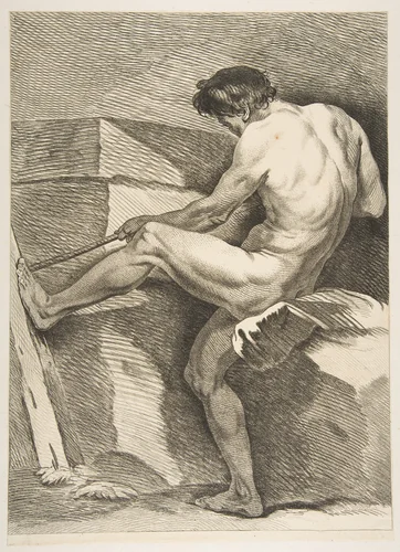 An "Académie": Man Pulling a Cord by Carle Vanloo, print, 1742-1743