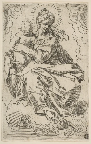 Madonna and Child on clouds by Simone Cantarini, print, 1620-1648