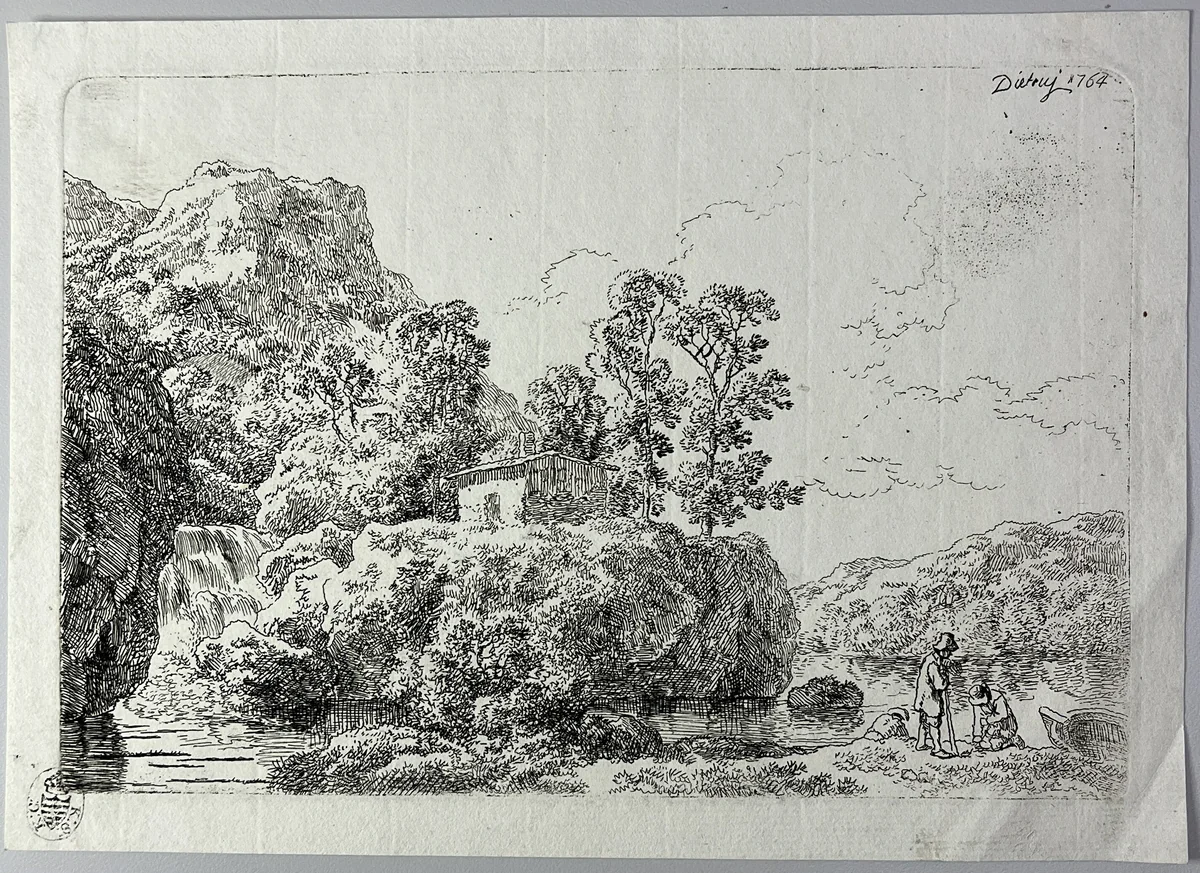 The Hut on a Rock Near a Stream by Christian Wilhelm Ernst Dietrich, print, 1764