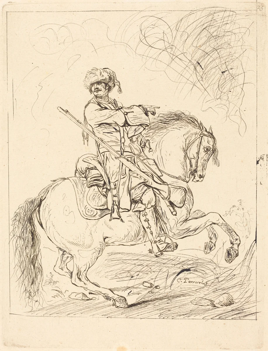 A Dragoon on Horseback by Charles Parrocel, print, 1725-1735