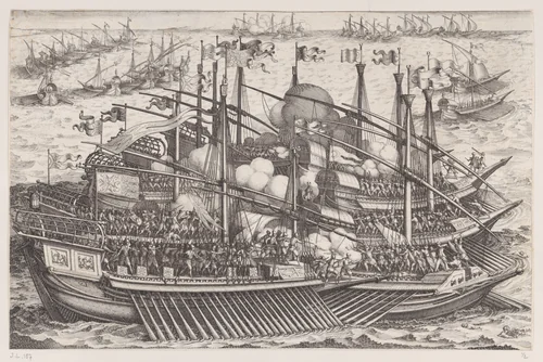 1er Combat Naval (First Naval Battle), from "La Vie de Ferdinand Ier de Médicis série appelée aussi Les Batailles des Médicis" (The Life of Ferdinand I de'Medici also called The Medici Battles) by Jacques Callot, print, 1614-1620