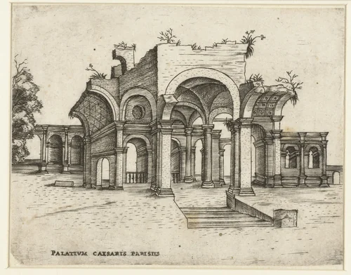 Vervallen klassiek paleis by anonymous, print, 1500-1549