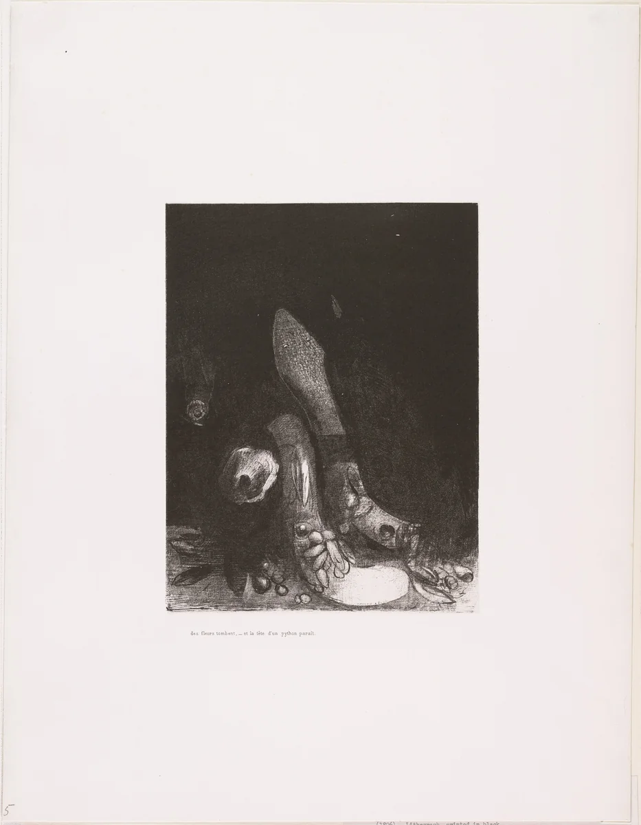 Flowers Fall, and the Head of a Python Appears (Des fleurs tombent, et la tête d'un python paraît) from The Temptation of Saint Anthony (La Tentation de Saint-Antoine) by Odilon Redon, print, 1896