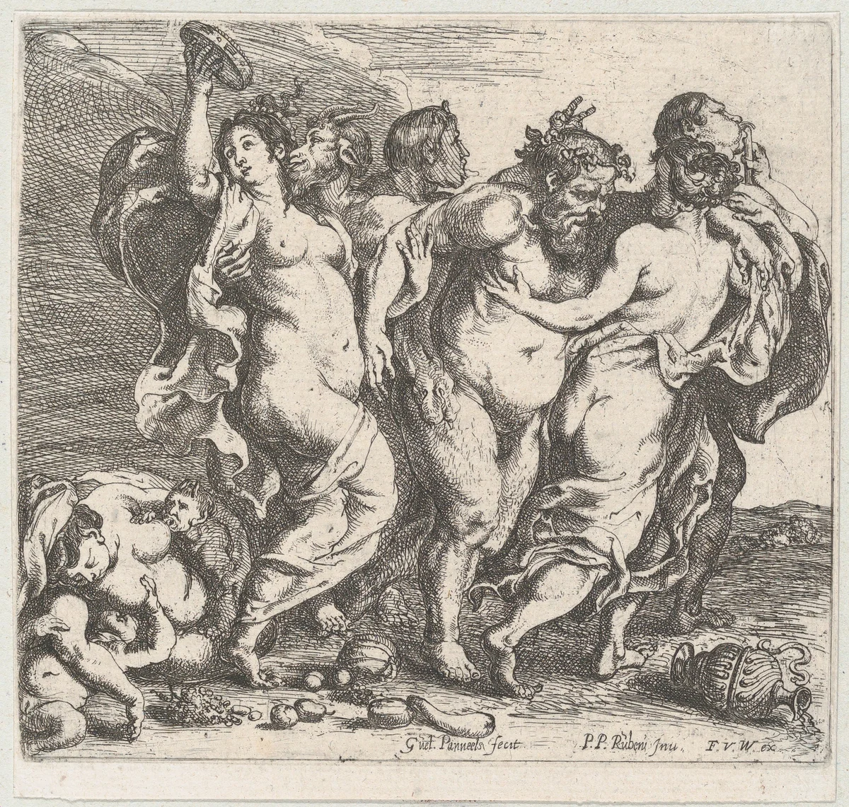 The drunken Silenus, accompanied by nymphs and satyrs by Willem Panneels, print, 1632