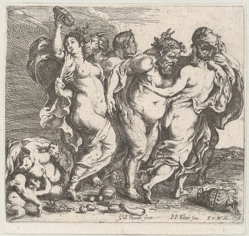 The drunken Silenus, accompanied by nymphs and satyrs by Willem Panneels, print, 1632
