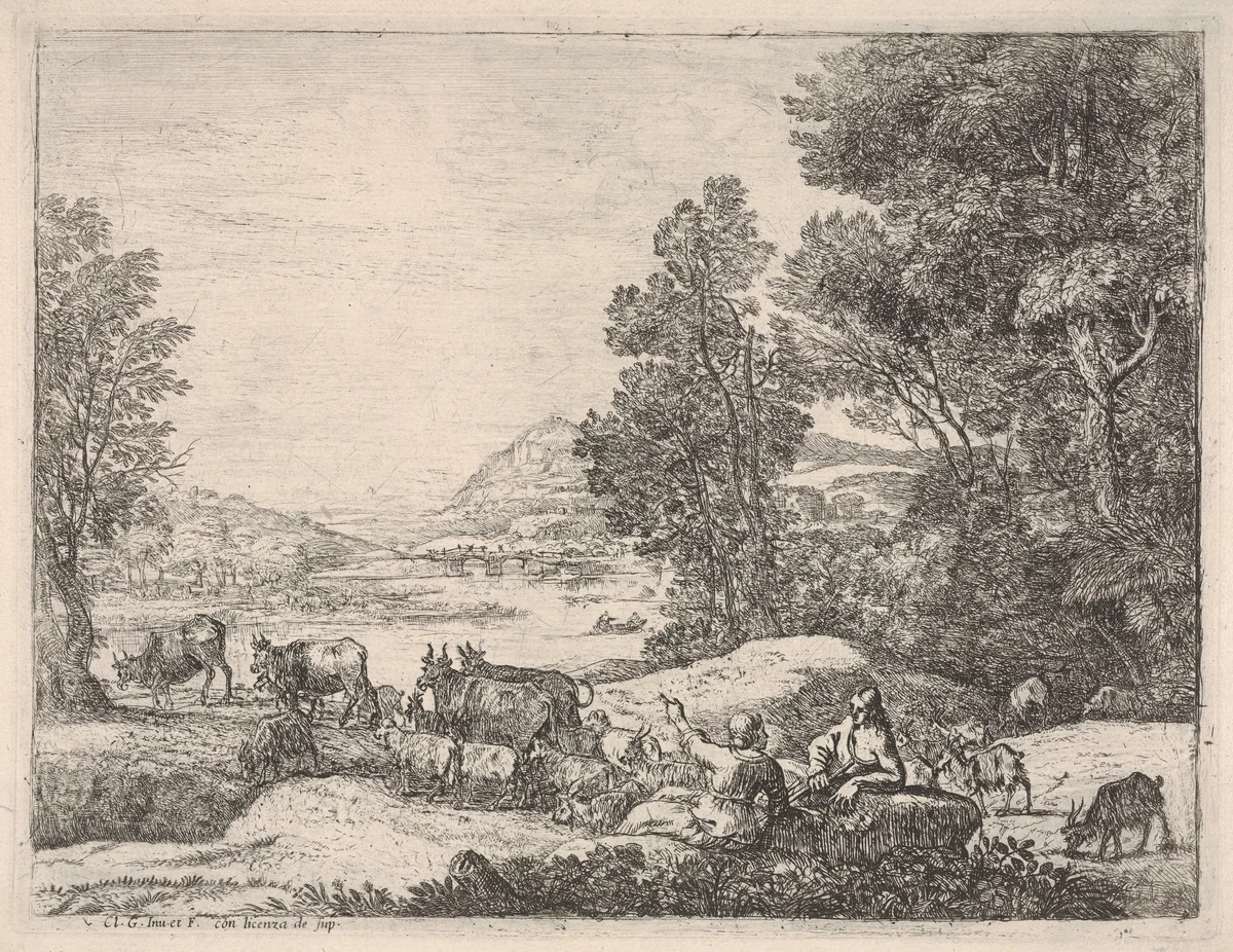 Shepherd and shepherdess conversing in a landscape, with a bridge in the background by Claude Lorrain, print, 1650-1655
