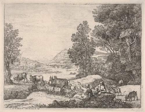 Shepherd and shepherdess conversing in a landscape, with a bridge in the background by Claude Lorrain, print, 1650-1655