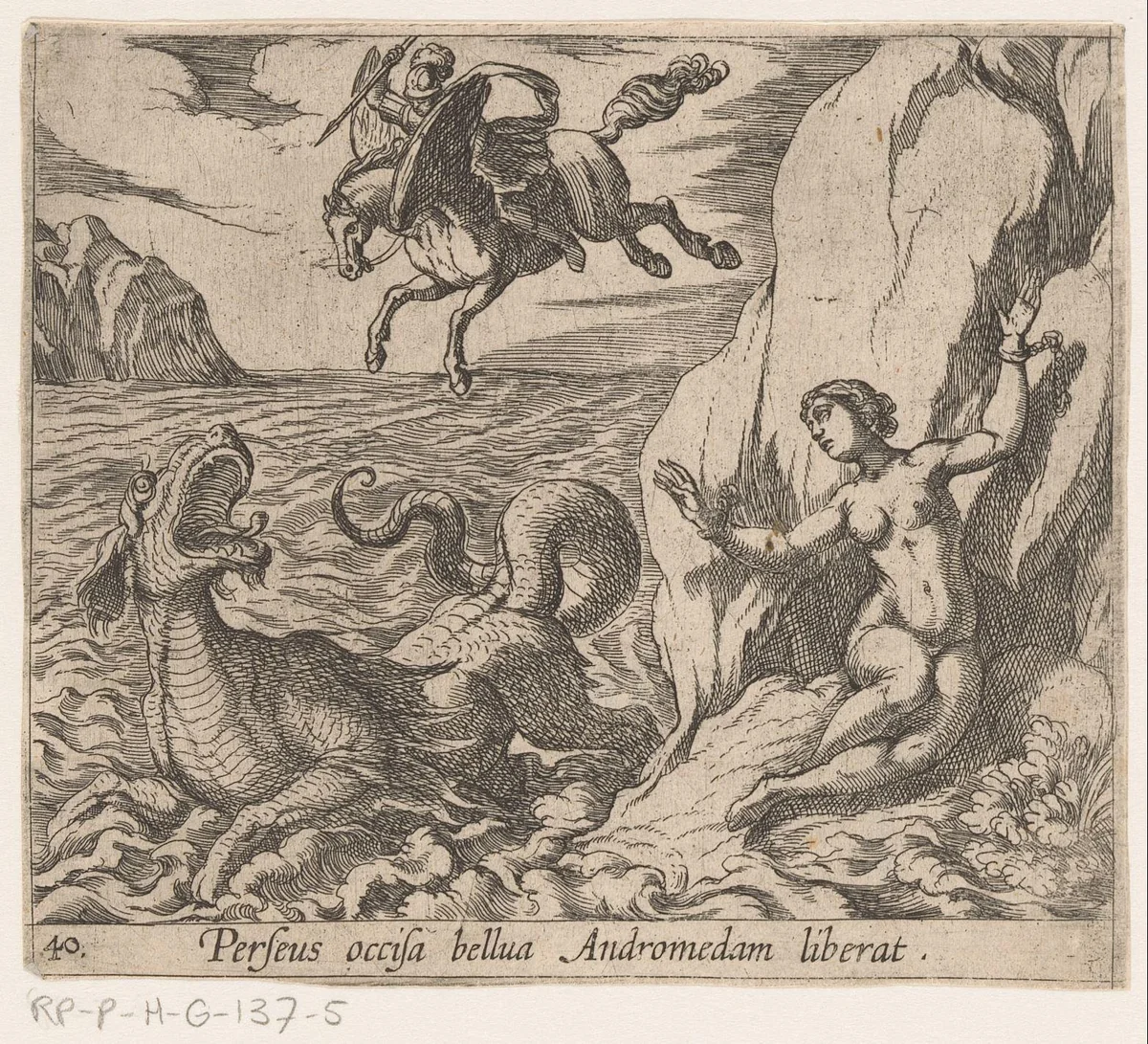 Perseus bevrijdt Andromeda by Antonio Tempesta, print, 1606-1638