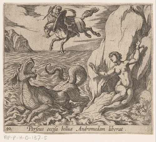 Perseus bevrijdt Andromeda by Antonio Tempesta, print, 1606-1638