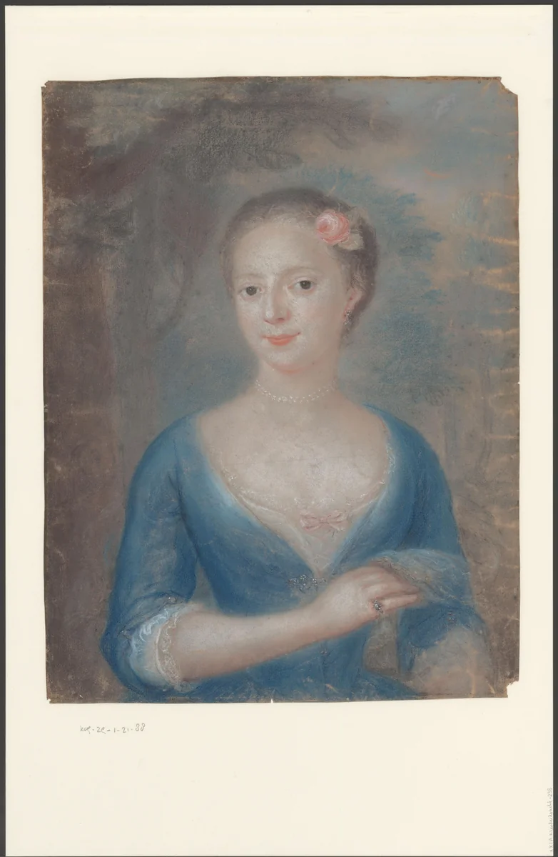 Portret van een onbekende vrouw met roos in het haar by anonymous, drawing, 1700-1799