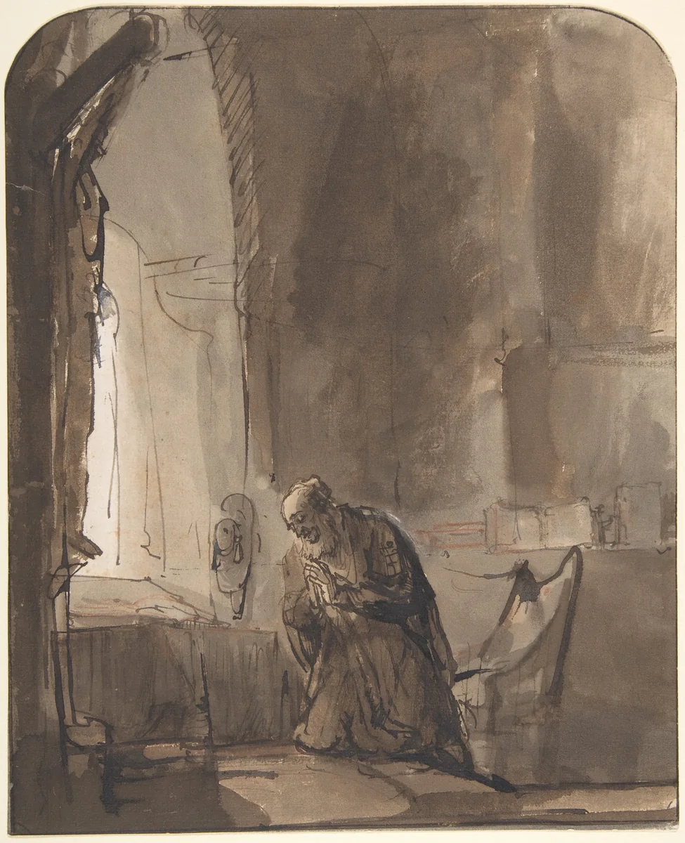 Saint Jerome Praying in His Study by Rembrandt van Rijn, drawing, 1620-1669