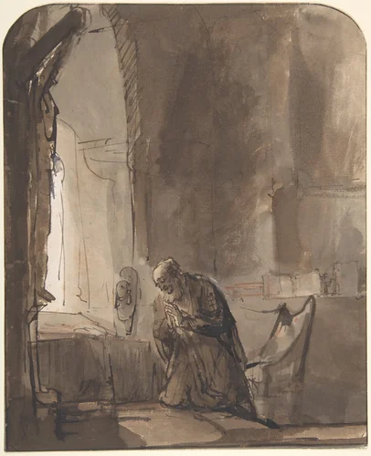 Saint Jerome Praying in His Study by Rembrandt van Rijn, drawing, 1620-1669