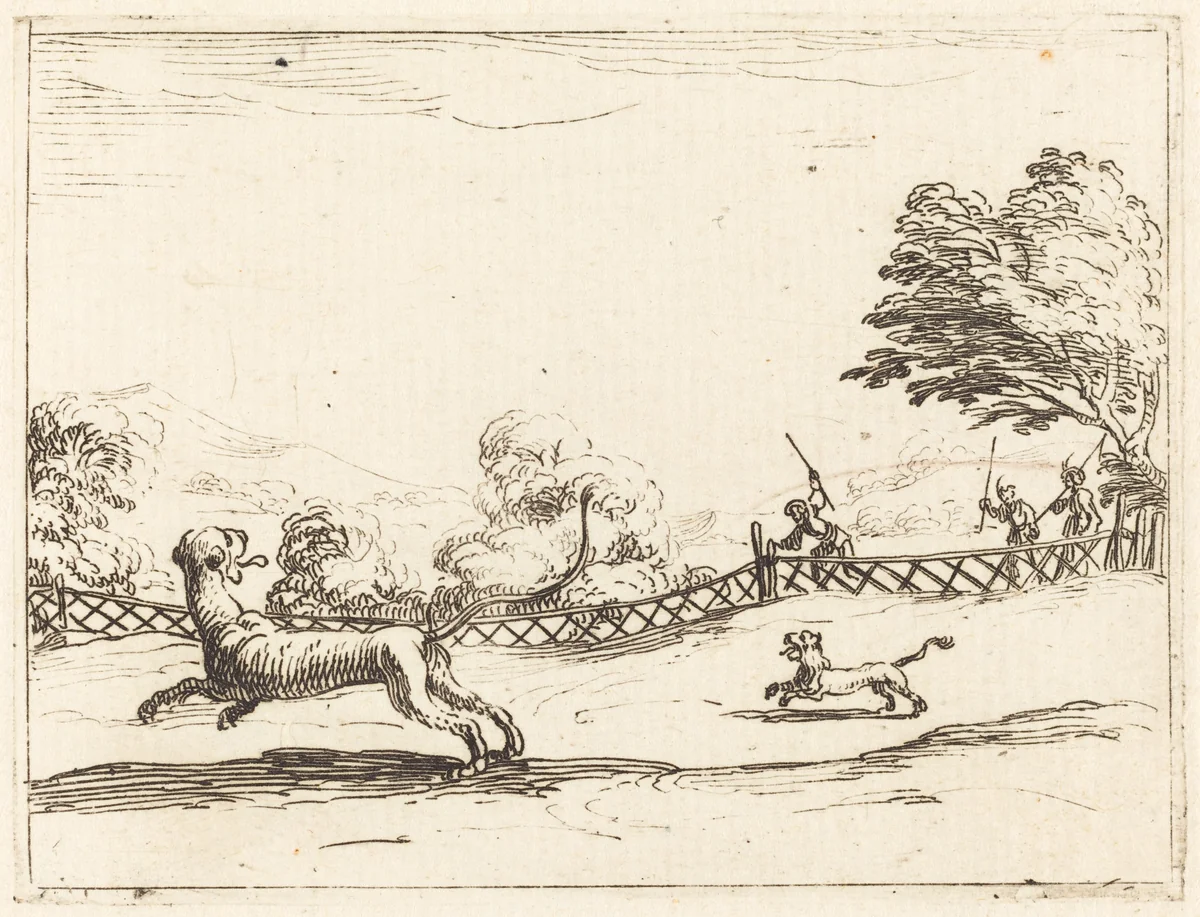 Lioness and Cub Pursued by Hunters by Jacques Callot, print, 1592-1635