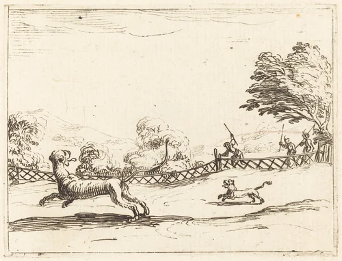 Lioness and Cub Pursued by Hunters by Jacques Callot, print, 1592-1635