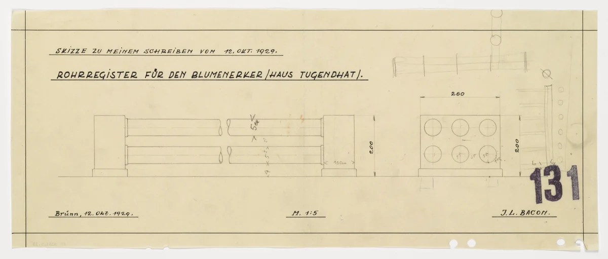 Tugendhat House, Brno, Czech Republic (Pipes for flower oriel) by Ludwig Mies van der Rohe, mies van der rohe archive, 1928
