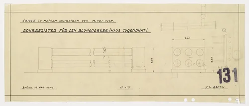 Tugendhat House, Brno, Czech Republic (Pipes for flower oriel) by Ludwig Mies van der Rohe, mies van der rohe archive, 1928