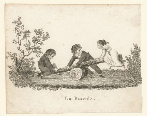 Drie kinderen spelen op een wip by anonymous, print, 1800-1899