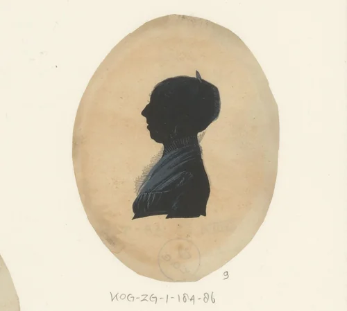 Silhouetportret van een onbekende vrouw met opstaande kraag by anonymous, drawing, 1775-1849