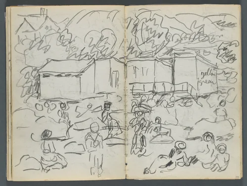 Sketchbook, The Dells, N° 127, page 114 & 115: Landscape with Figures and Buildings by Maurice Prendergast, book, 1919-1921