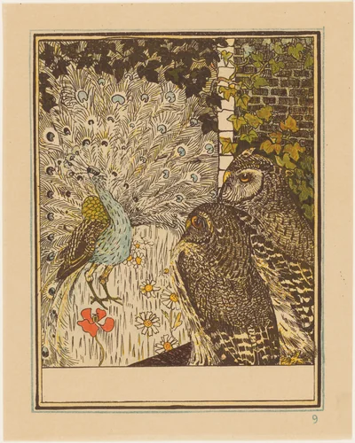 Pronkende pauw en twee uilen by Theo van Hoytema, print, 1895